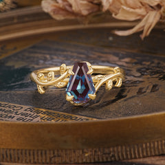 Elegant Coffin Cut 4 Prong Leaf Vine Alexandrite Engagement Ring