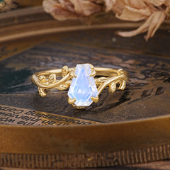 Elegant Coffin Cut 4 Prong Leaf Vine Moonstone Engagement Ring