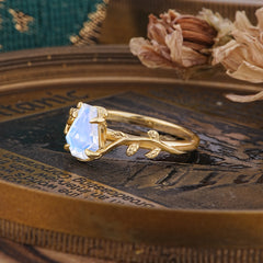 Elegant Coffin Cut 4 Prong Leaf Vine Moonstone Engagement Ring