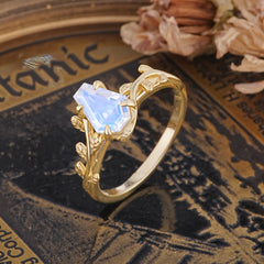 Elegant Coffin Cut 4 Prong Leaf Vine Moonstone Engagement Ring