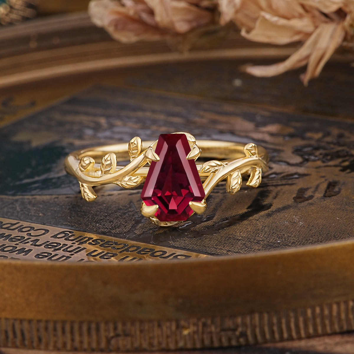 Elegant Coffin Cut 4 Prong Leaf Vine Ruby Engagement Ring