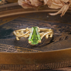 Elegant Coffin Cut 4 Prong Leaf Vine Peridot Engagement Ring