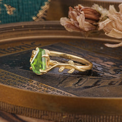 Elegant Coffin Cut 4 Prong Leaf Vine Peridot Engagement Ring
