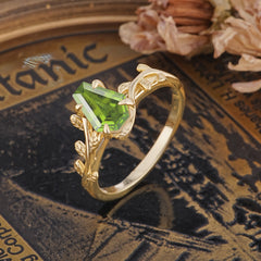 Elegant Coffin Cut 4 Prong Leaf Vine Peridot Engagement Ring