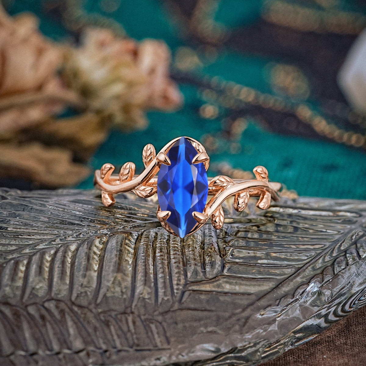 Nature-Inspired Leafy Branch 4-Prong Marquise Sapphire Engagement Ring - Romalar Jewelry