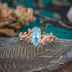 Nature-Inspired Leafy Branch 4-Prong Marquise Aquamarine Engagement Ring