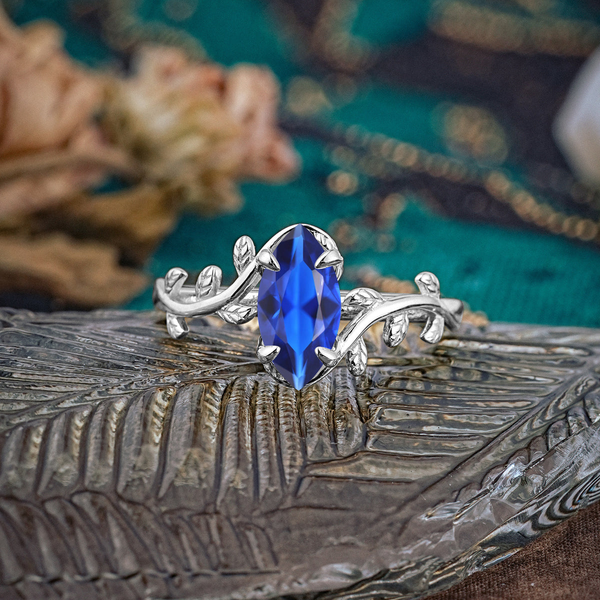 Nature-Inspired Leafy Branch 4-Prong Marquise Sapphire Engagement Ring - Romalar Jewelry