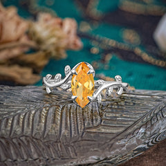 Nature-Inspired Leafy Branch 4-Prong Marquise Citrine Engagement Ring