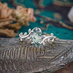 Nature-Inspired Leafy Branch 4-Prong Marquise Natural Moss Agate Engagement Ring