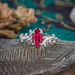 Nature-Inspired Leafy Branch 4-Prong Marquise Ruby Engagement Ring