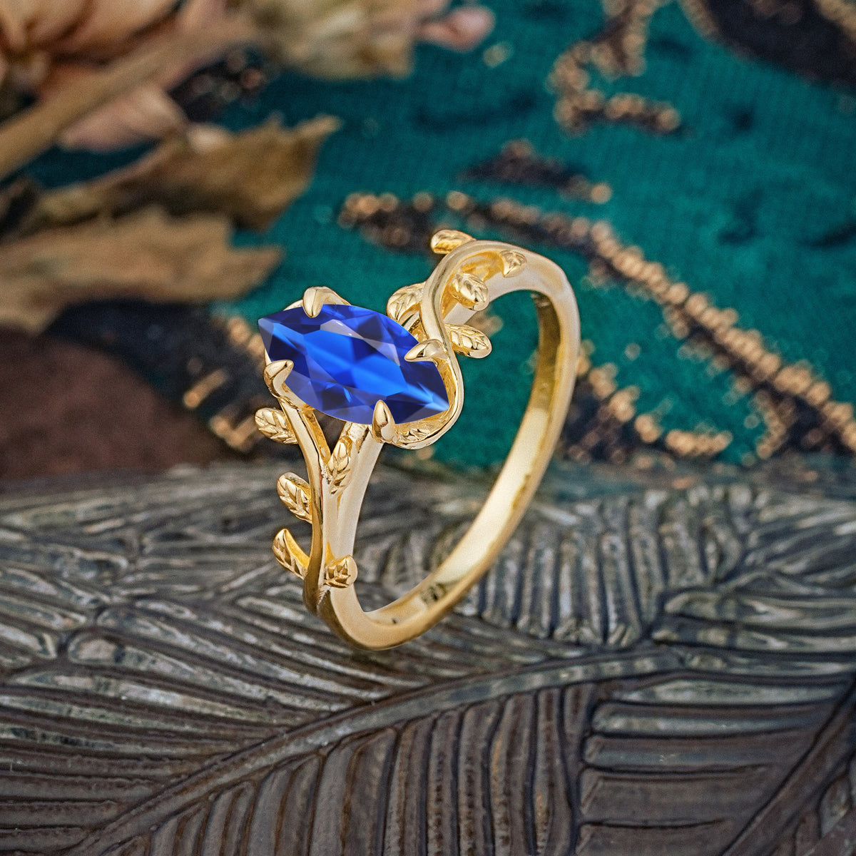 Nature-Inspired Leafy Branch 4-Prong Marquise Sapphire Engagement Ring - Romalar Jewelry