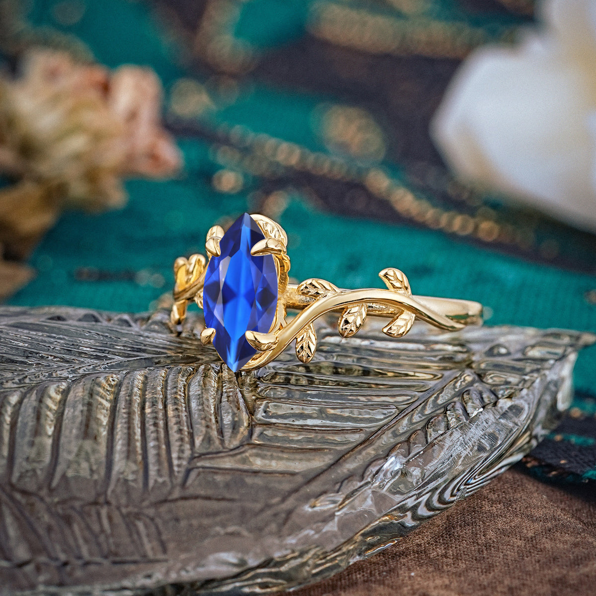 Nature-Inspired Leafy Branch 4-Prong Marquise Sapphire Engagement Ring - Romalar Jewelry