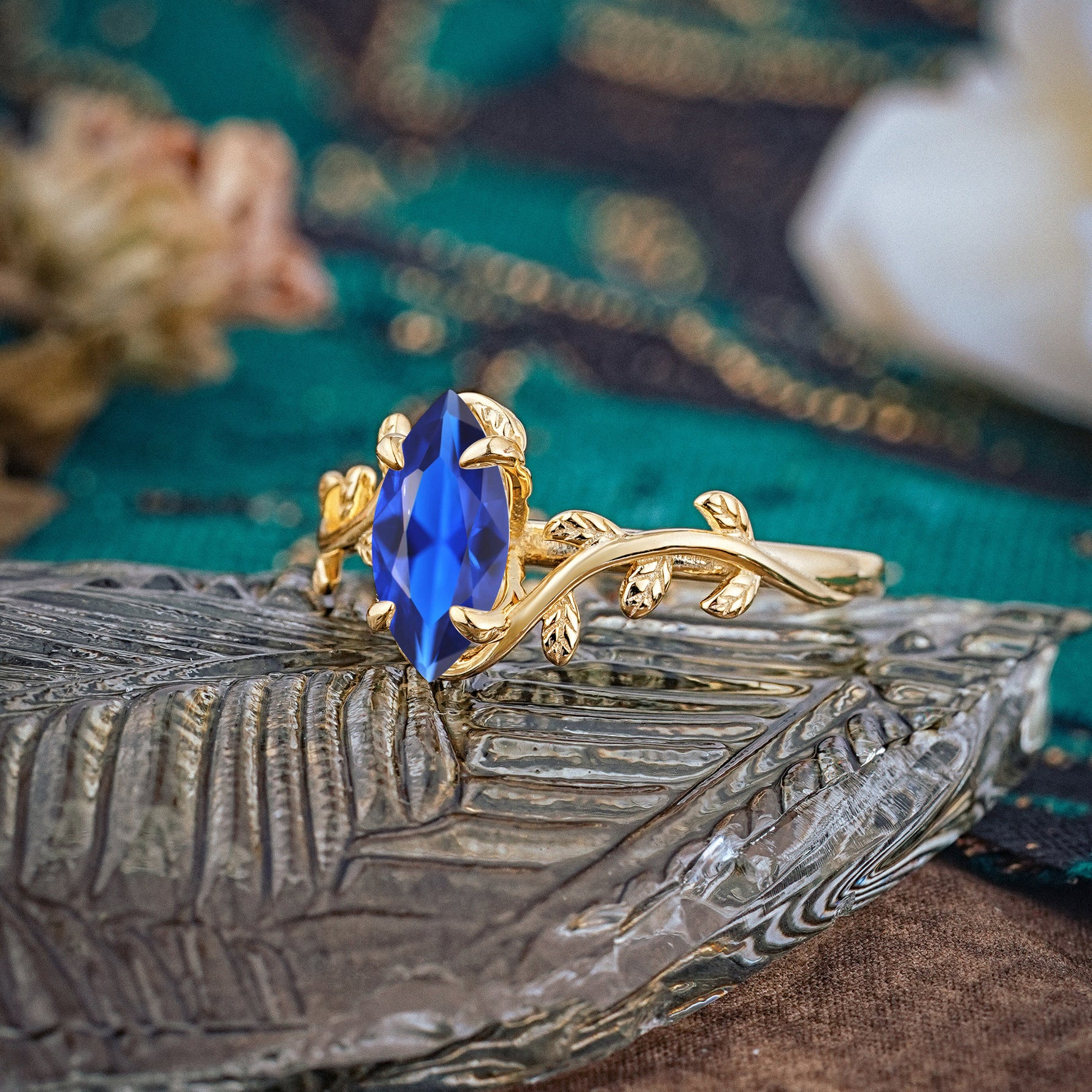 Nature-Inspired Leafy Branch 4-Prong Marquise Sapphire Engagement Ring - Romalar Jewelry