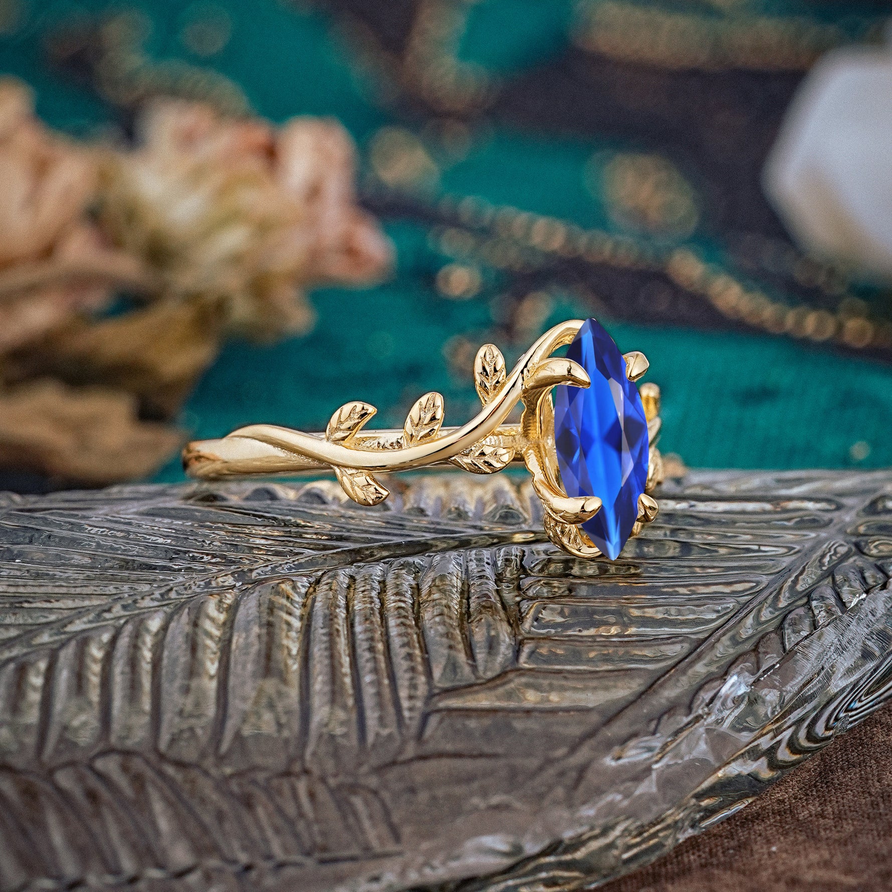 Nature-Inspired Leafy Branch 4-Prong Marquise Sapphire Engagement Ring - Romalar Jewelry