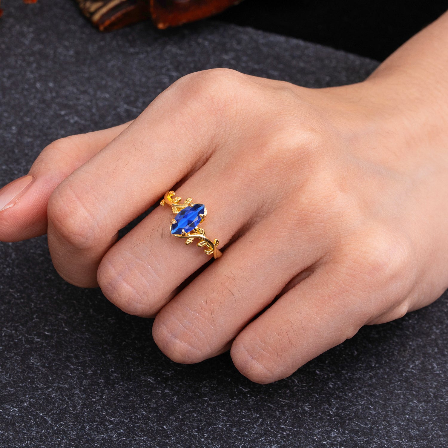 Nature-Inspired Leafy Branch 4-Prong Marquise Sapphire Engagement Ring - Romalar Jewelry