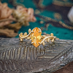 Nature-Inspired Leafy Branch 4-Prong Marquise Citrine Engagement Ring