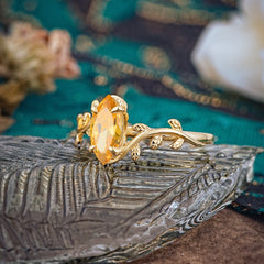 Nature-Inspired Leafy Branch 4-Prong Marquise Citrine Engagement Ring