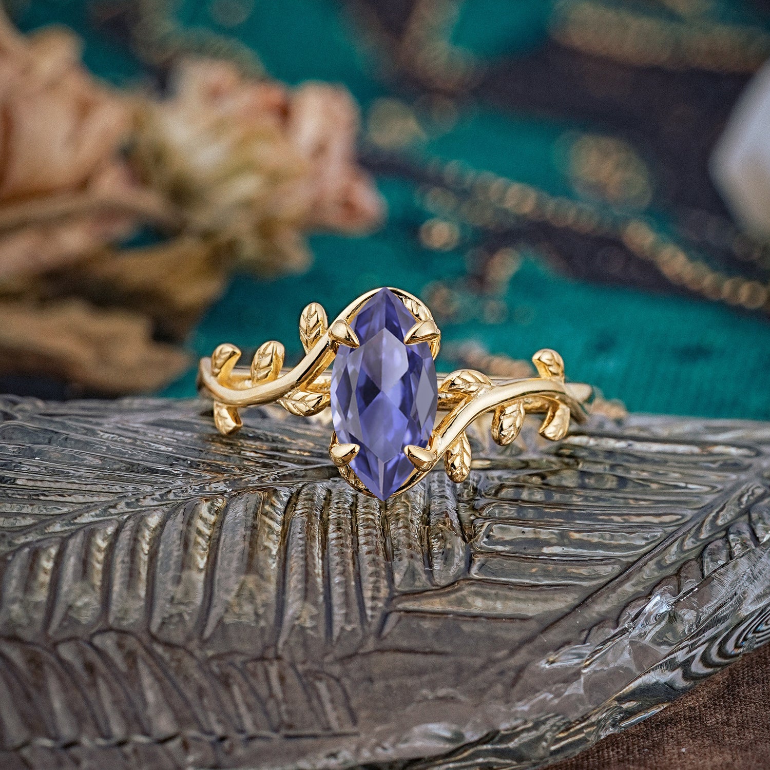 Nature-Inspired Leafy Branch 4-Prong Marquise Tanzanite Engagement Ring - Romalar Jewelry