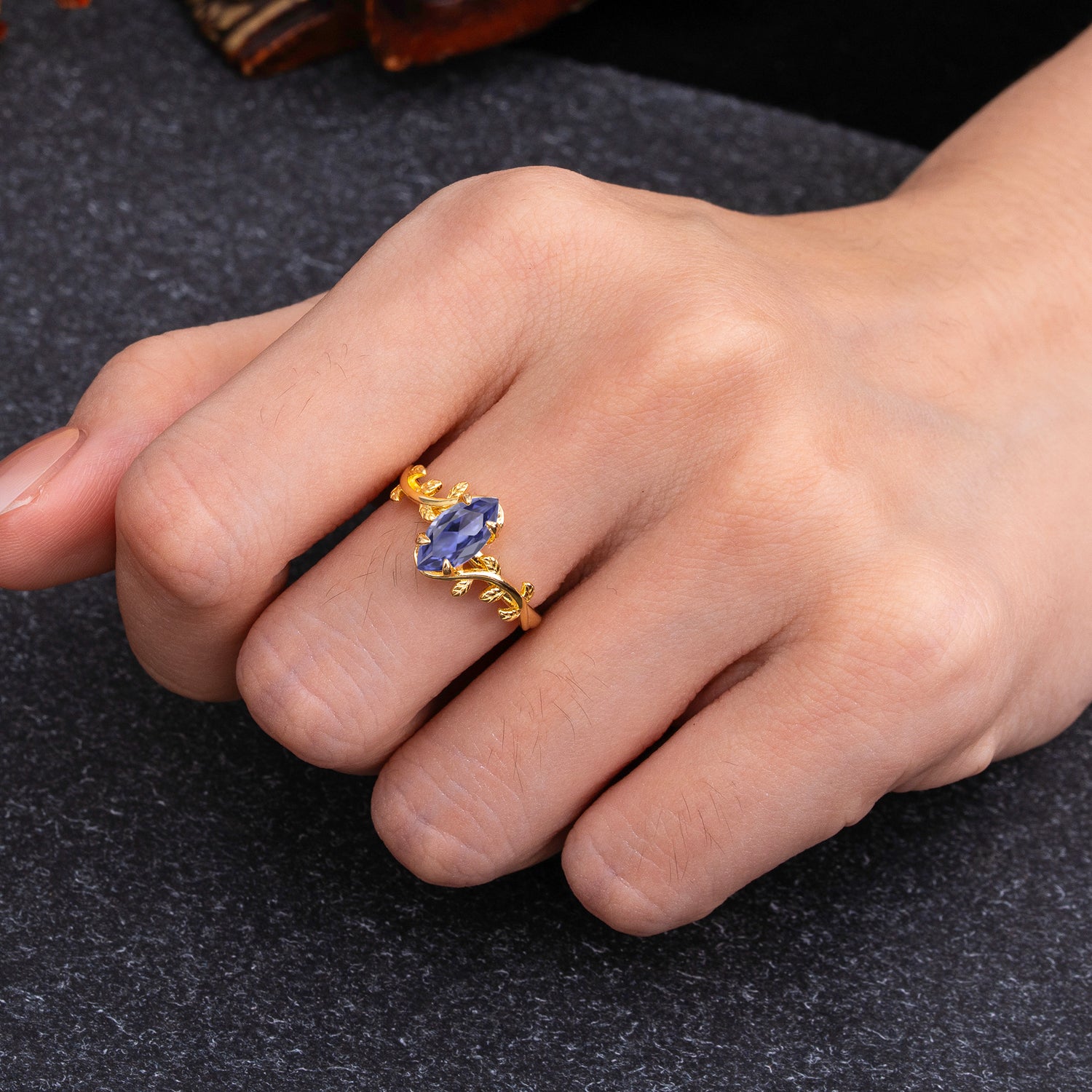 Nature-Inspired Leafy Branch 4-Prong Marquise Tanzanite Engagement Ring - Romalar Jewelry