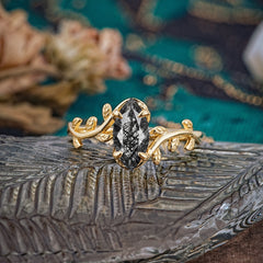 Nature-Inspired Leafy Branch 4-Prong Marquise Black Rutilated Quartz Engagement Ring