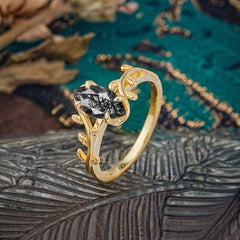 Nature-Inspired Leafy Branch 4-Prong Marquise Black Rutilated Quartz Engagement Ring