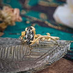 Nature-Inspired Leafy Branch 4-Prong Marquise Black Rutilated Quartz Engagement Ring