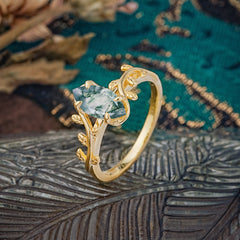 Nature-Inspired Leafy Branch 4-Prong Marquise Natural Moss Agate Engagement Ring