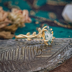 Nature-Inspired Leafy Branch 4-Prong Marquise Natural Moss Agate Engagement Ring