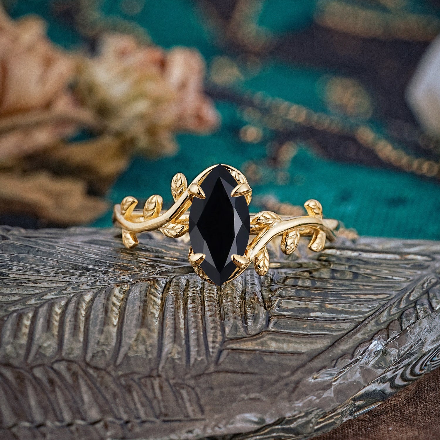 Nature-Inspired Leafy Branch 4-Prong Marquise Black Onyx Engagement Ring - Romalar Jewelry