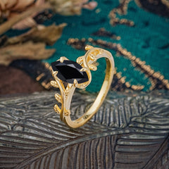 Nature-Inspired Leafy Branch 4-Prong Marquise Black Onyx Engagement Ring