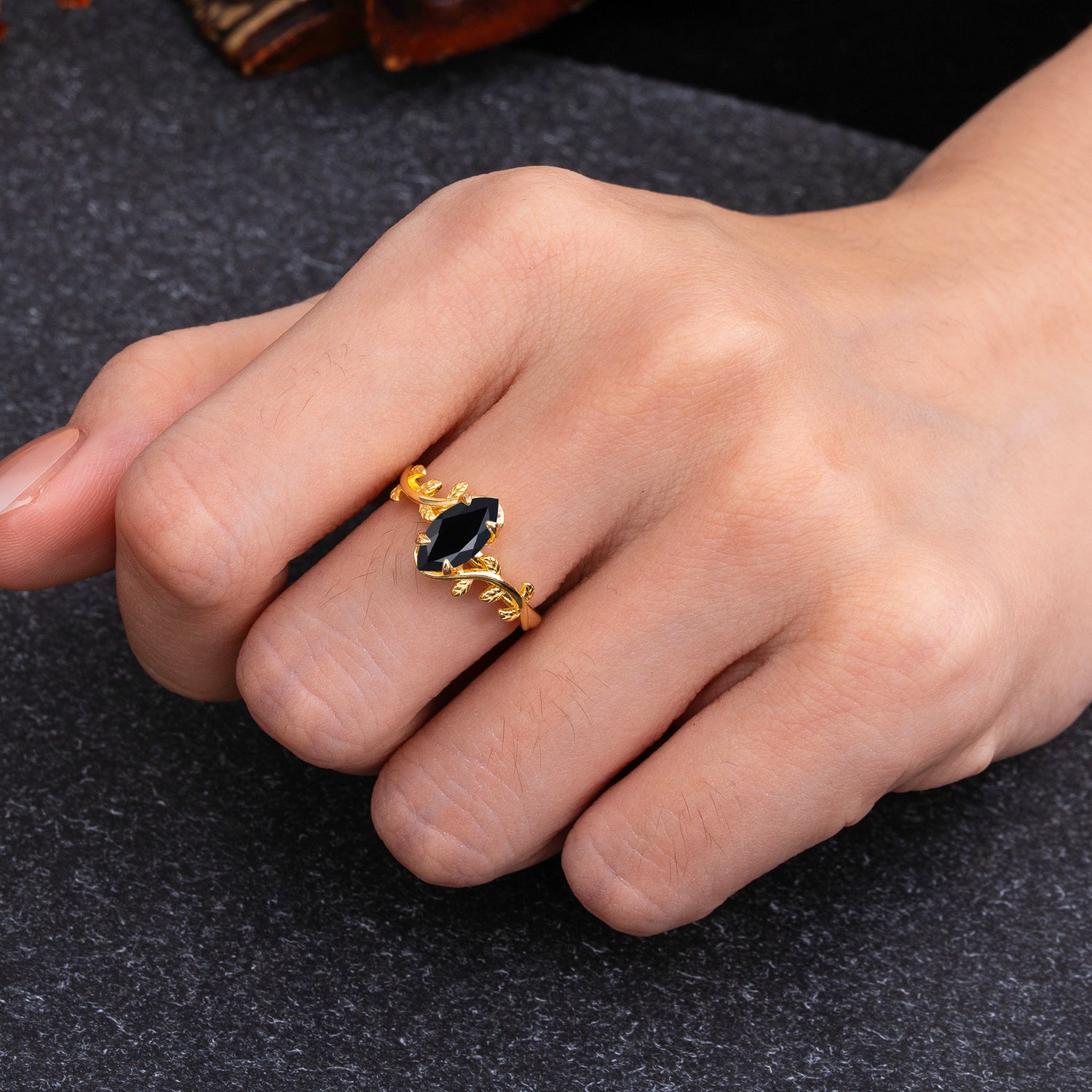 Nature-Inspired Leafy Branch 4-Prong Marquise Black Onyx Engagement Ring - Romalar Jewelry