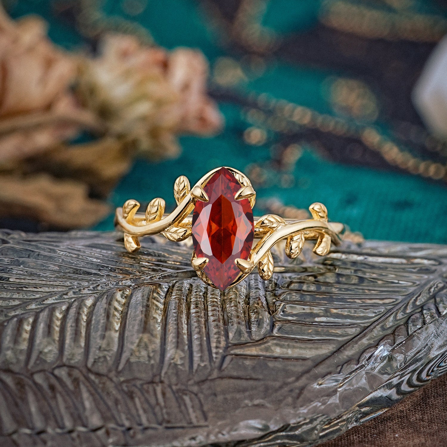 Nature-Inspired Leafy Branch 4-Prong Marquise Garnet Engagement Ring - Romalar Jewelry