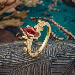 Nature-Inspired Leafy Branch 4-Prong Marquise Garnet Engagement Ring