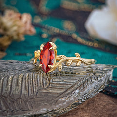 Nature-Inspired Leafy Branch 4-Prong Marquise Garnet Engagement Ring