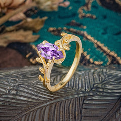 Nature-Inspired Leafy Branch 4-Prong Marquise Amethyst Engagement Ring