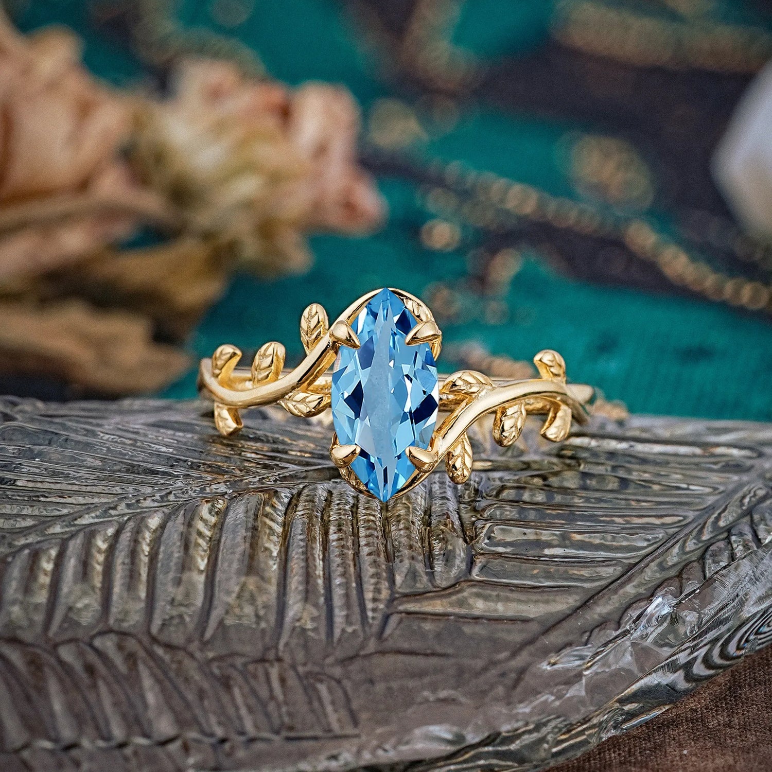 Nature-Inspired Leafy Branch 4-Prong Marquise Aquamarine Engagement Ring
