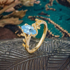 Nature-Inspired Leafy Branch 4-Prong Marquise Aquamarine Engagement Ring