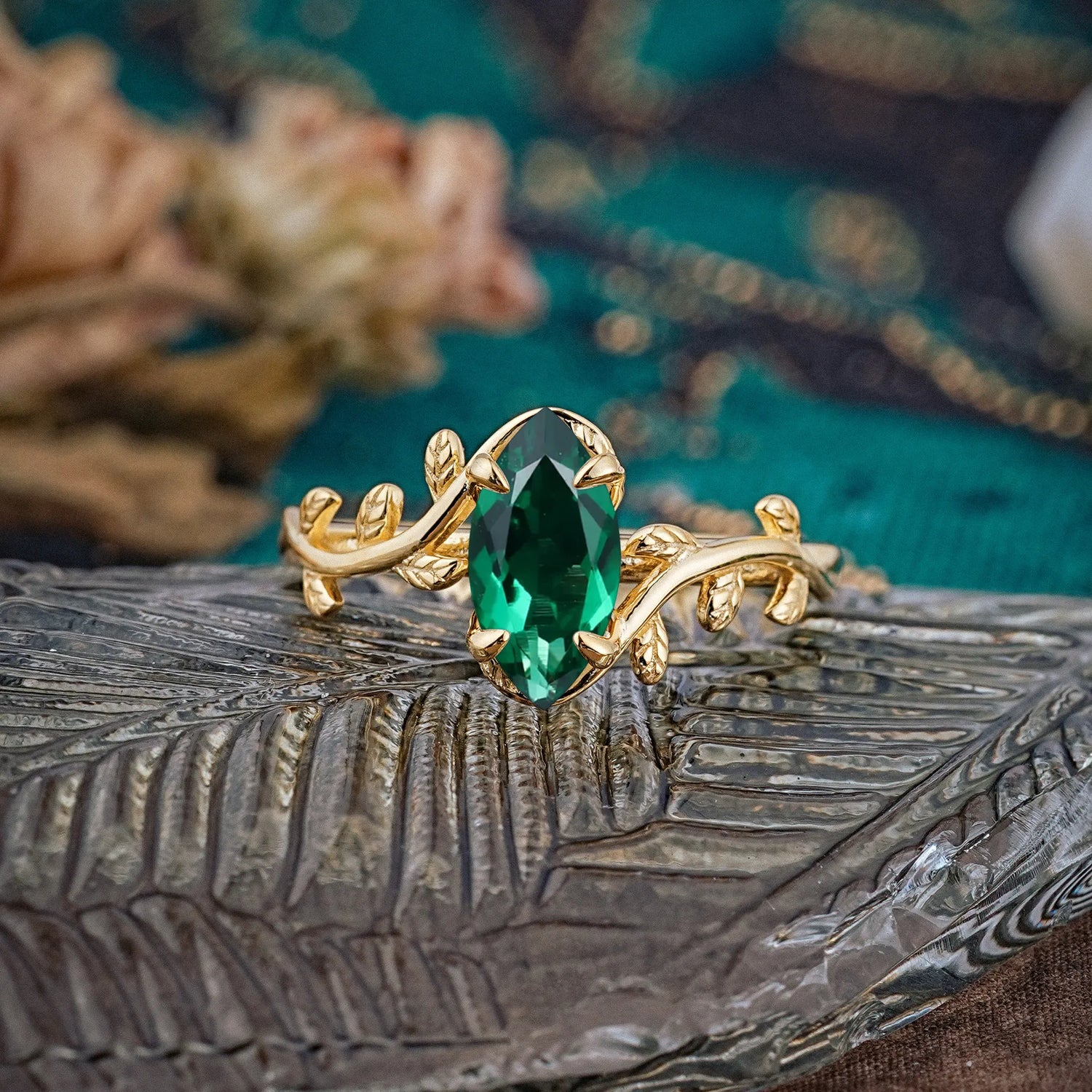 Nature-Inspired Leafy Branch 4-Prong Marquise Emerald Engagement Ring - Romalar Jewelry