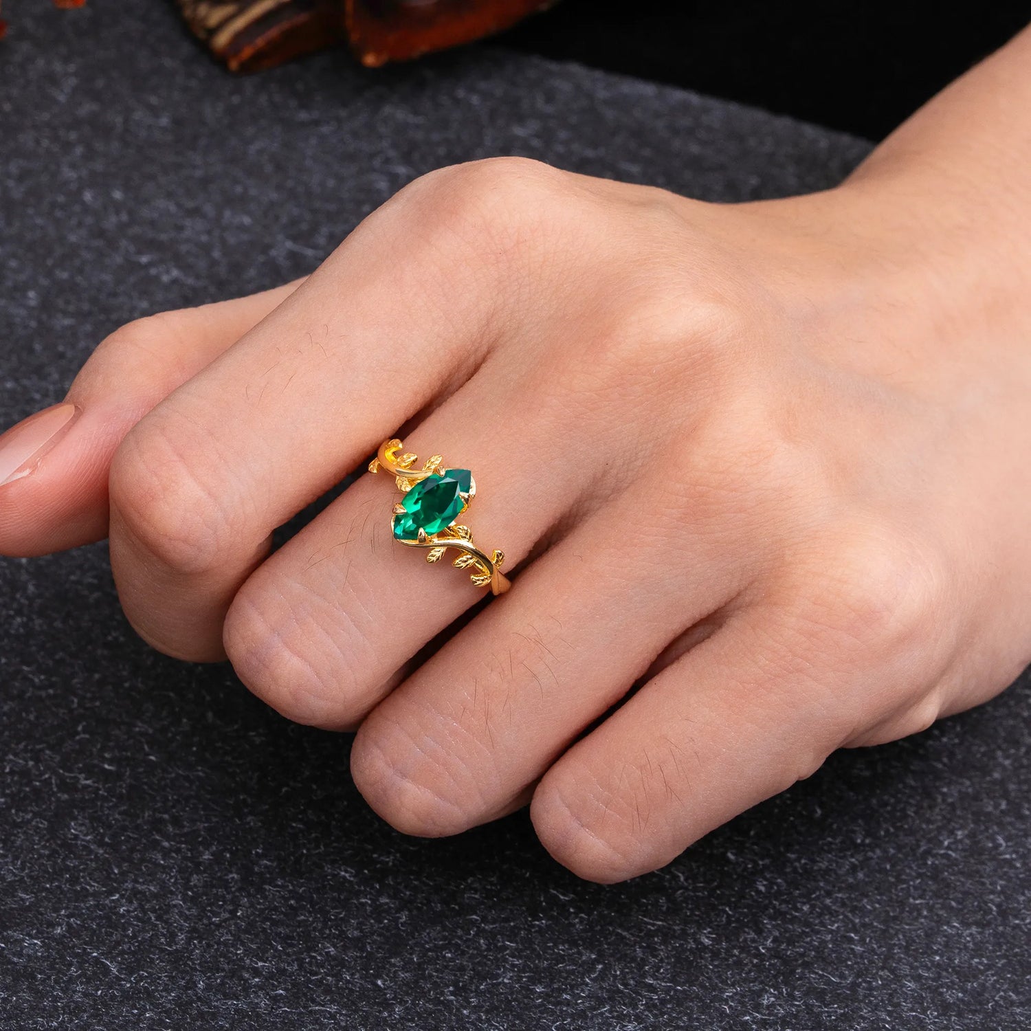 Nature-Inspired Leafy Branch 4-Prong Marquise Emerald Engagement Ring - Romalar Jewelry