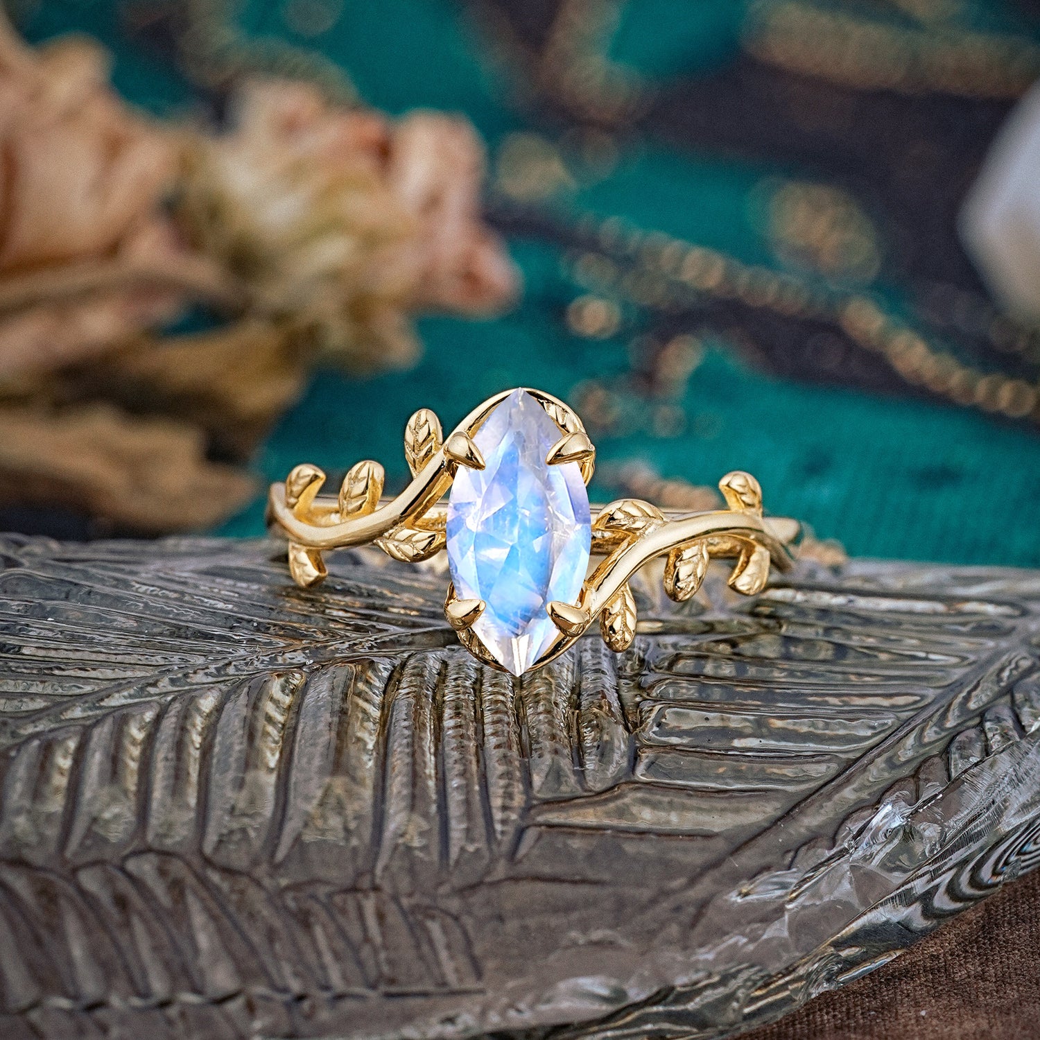 Nature-Inspired Leafy Branch 4-Prong Marquise Moonstone Engagement Ring - Romalar Jewelry