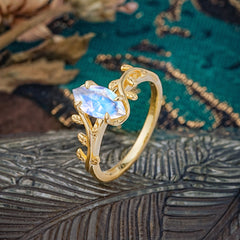 Nature-Inspired Leafy Branch 4-Prong Marquise Moonstone Engagement Ring