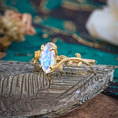 Nature-Inspired Leafy Branch 4-Prong Marquise Moonstone Engagement Ring
