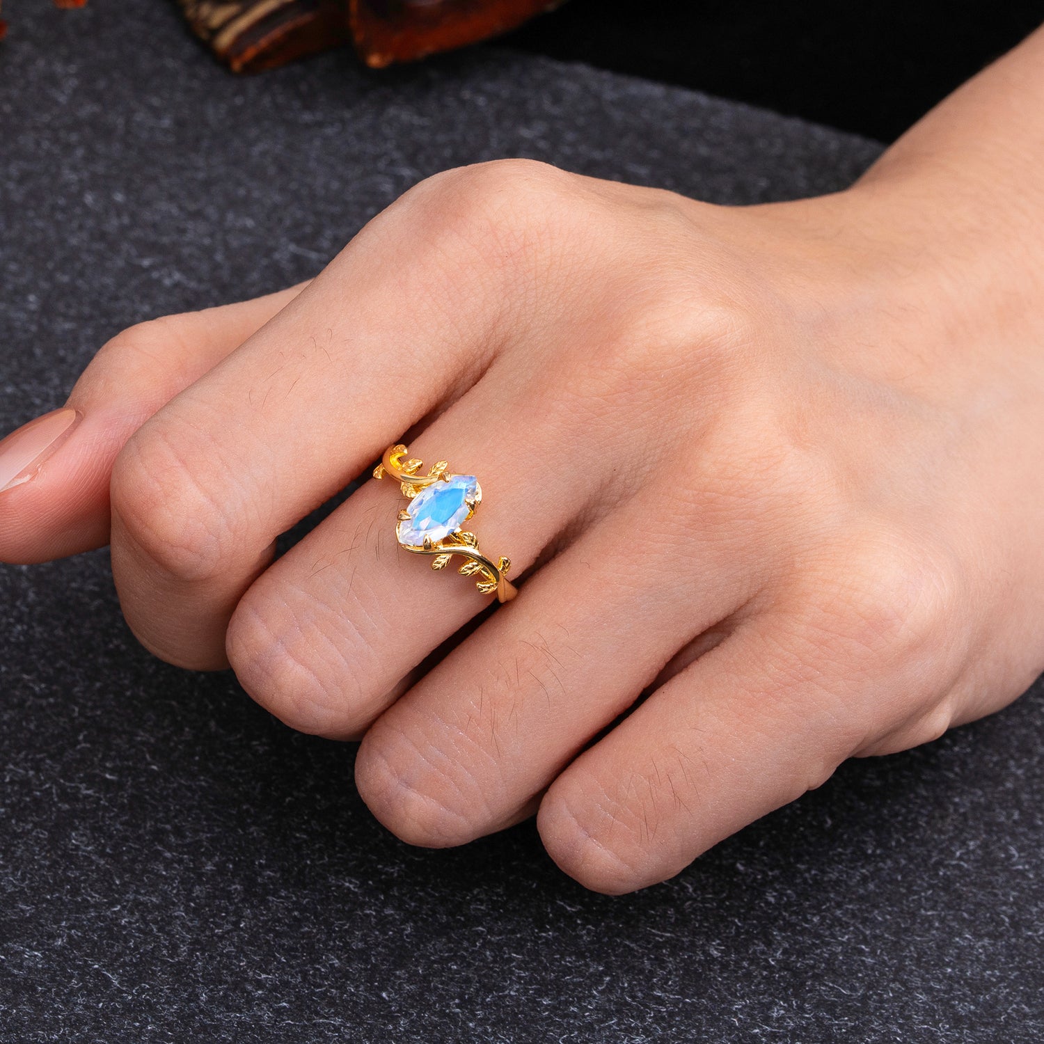 Nature-Inspired Leafy Branch 4-Prong Marquise Moonstone Engagement Ring - Romalar Jewelry