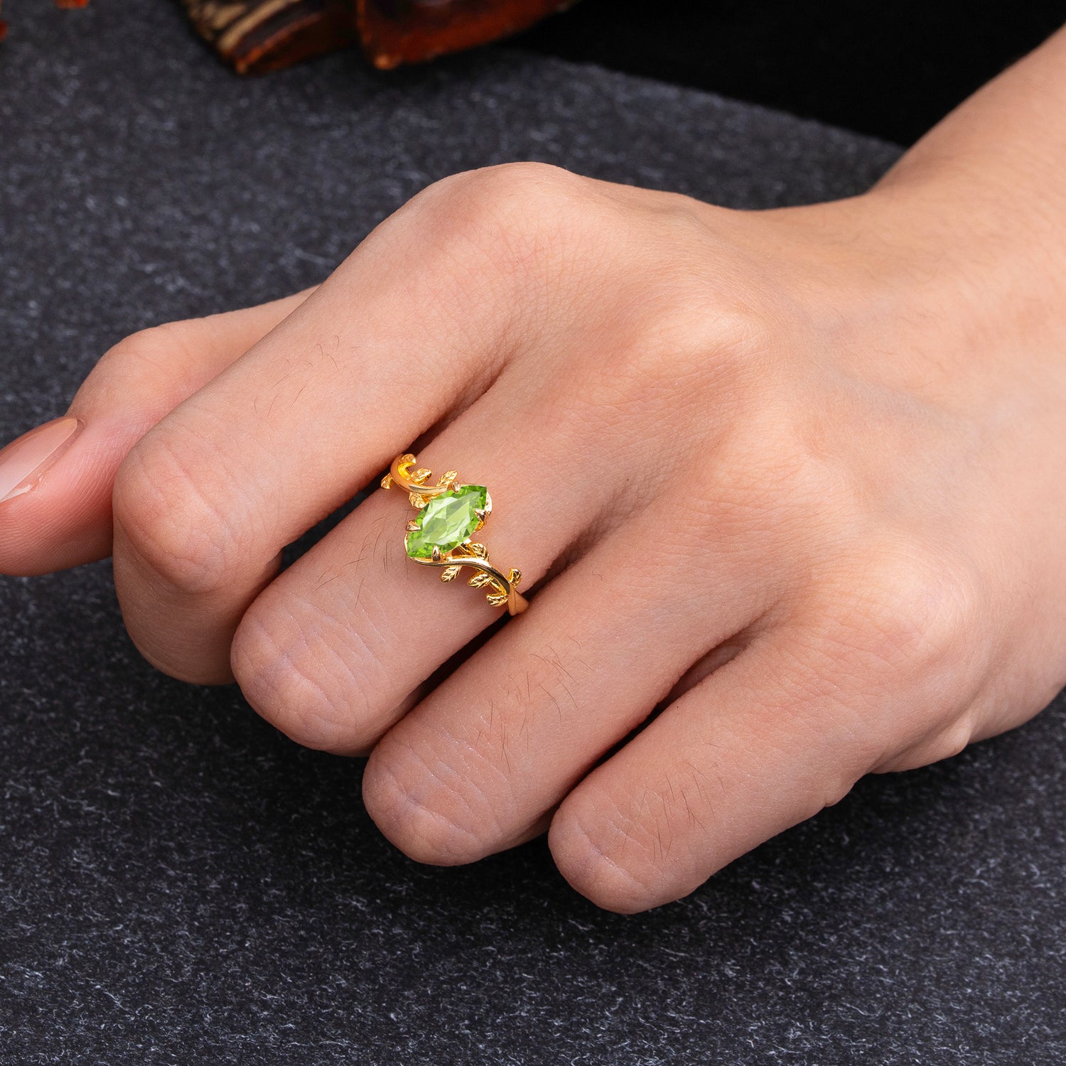Nature-Inspired Leafy Branch 4-Prong Marquise Peridot Engagement Ring
