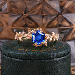 Nature-Inspired Vine-Wrapped 4-Prong Hexagon-Cut Sapphire Engagement Ring