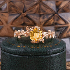 Nature-Inspired Vine-Wrapped 4-Prong Hexagon-Cut Citrine Engagement Ring
