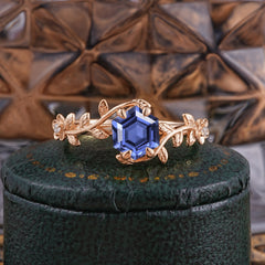 Nature-Inspired Vine-Wrapped 4-Prong Hexagon-Cut Tanzanite Engagement Ring