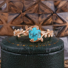 Nature-Inspired Vine-Wrapped 4-Prong Hexagon-Cut Turquoise Engagement Ring