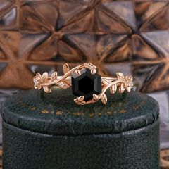 Nature-Inspired Vine-Wrapped 4-Prong Hexagon-Cut Black Onyx Engagement Ring