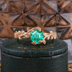 Nature-Inspired Vine-Wrapped 4-Prong Hexagon-Cut Emerald Engagement Ring